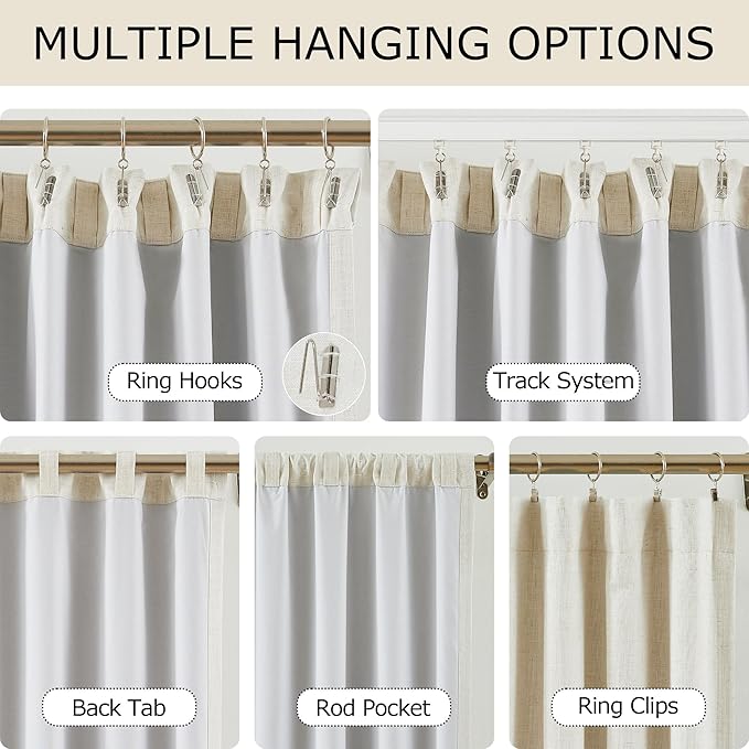 Vision Home Natural Linen Full Blackout Curtains for Bedroom Living Room Darkening Soundproof Window Curtains 102 inch Thermal Insulated Rod Pocket Back Tab Linen Drapes 2 Panels 56" Wx102 L