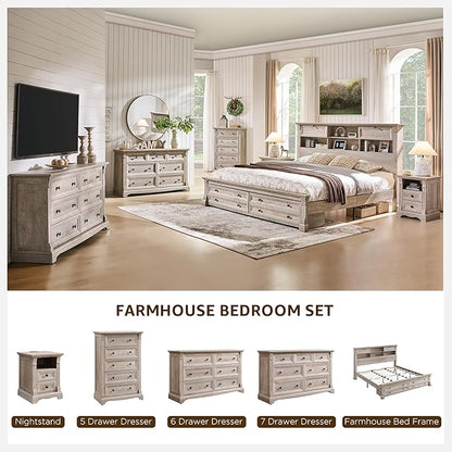 T4TREAM Farmhouse King Size Bed Frame with 54" Tall Storage Bookcase Headboard, Wood Platform Bed Frame with 18" Roman Column Decoration Footboard & 2 Drawers, No Box Spring Needed(Light Rustic Oak)