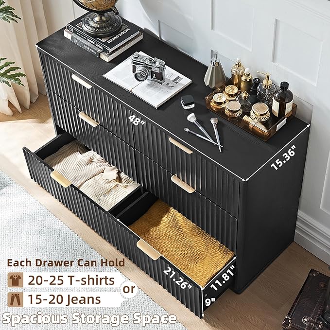 LEYAOYAO 48" Wide Fluted Dresser and 3 Drawers 23" Nightstand Set of 2, Wooden Dresser & Night Stand with Charging Station, 3 Piece Bedroom Furniture Set, Wood Chest of Drawer for Living Room,Black