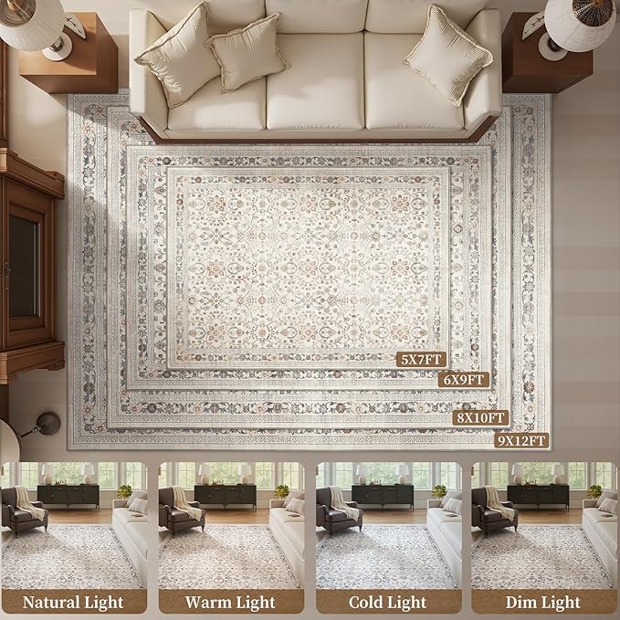 MontVoo-Vintage Area Rug 9X12 Beige Rugs for Living Room-Soft Distressed Printed Rugs for Bedroom-Non Slip Carpet-Machine Washable Rug for Dining Room Living Room Bedside Office