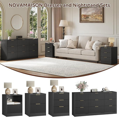 9 Drawer Black Dresser & Nightstand Set 3-Piece - 63” Long Fluted Dresser Set Night Stand Set of 2 with Metal Handle, Modern Wood Chest of Drawers Storage Dressers Set for Bedroom, Black