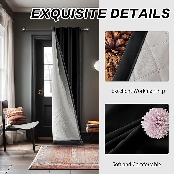 Thermal Insulated Grommet 100% Blackout Curtains for Bedroom 3-in-1 Curtains Noise and Heat Reduction for Bedroom Living Room 50”Width by 84”Length Black 1 Panel