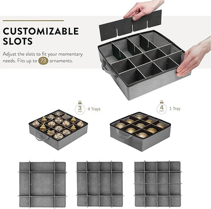 ZOBER All in One Christmas Ornament Storage Box & Decoration Container - Easy Access Removable Trays, Keeps 73 Ornaments - Adjustable Extent Area for Figurines and Pockets for Decoration - Gray