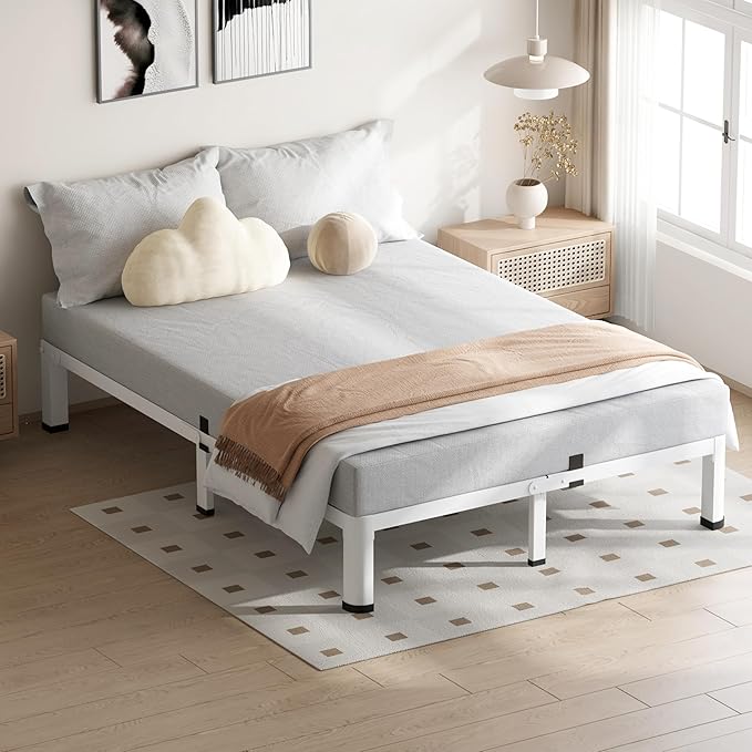 7 Inch White Queen Bed Frame, 3500Lbs Heavy Duty Metal Platform with Round Corner Legs Mattress Slide Stopper, Steel Slat Support No Box Spring Needed, Noise Free, Non-Slip, Easy Assembly