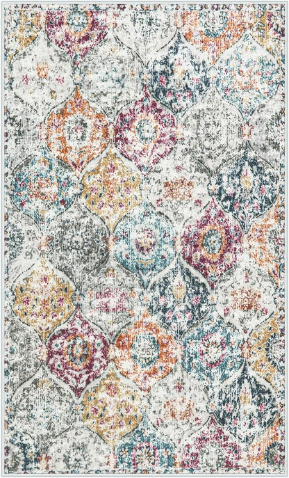 Lahome Moroccan Trellis Washable Small Area Rug, 3x5 Black Rug for Bedroom Living Room, Non-Slip Oriental Accent Throw Carpet for Kitchen Office Entryway Bathroom Office, Aqua/Multi