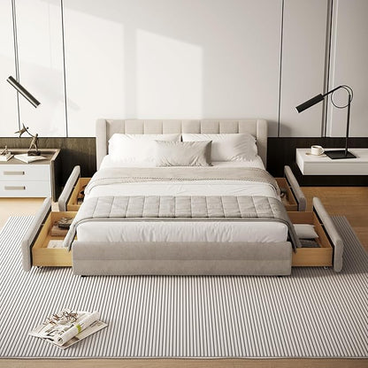 DEINPPA Queen Size Bed Frame with 4 Storage Drawers and Cloud Soft Headboard, Chenille Upholstered Grounded Wood Base Bed Frame, No Box Spring Needed-Beige