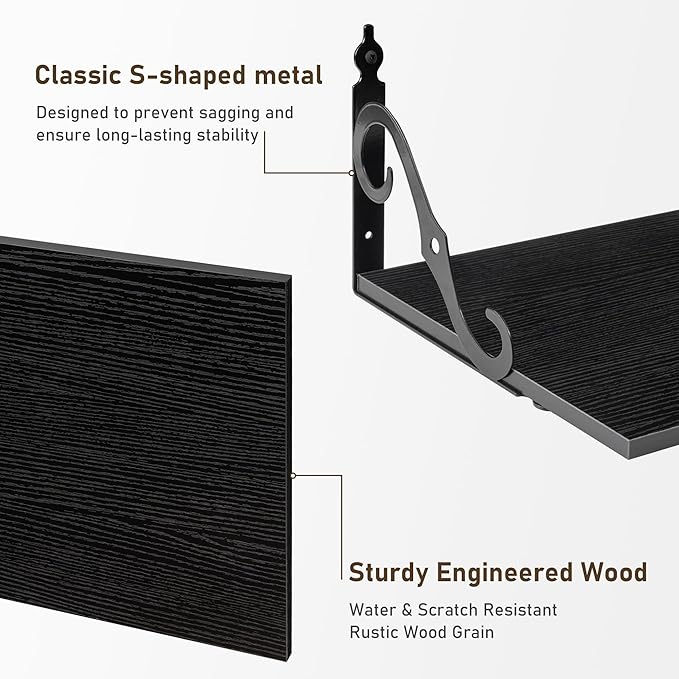 Dreamland Deep Floating Shelves, 24" W x 12" D Wall Shelves Set of 2, Wide Display Shelf Wall Mounted with Brackets, Bookshelf for Living Room, Bathroom, Bedroom, Black