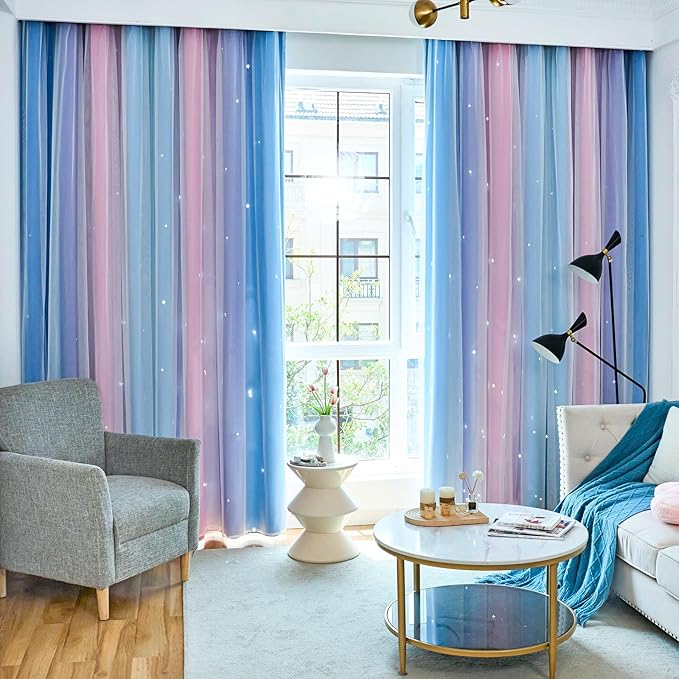Star Blackout Curtains for Bedroom - Rainbow, 96 Inches Long, 2 Panels - Blue, Purple & Pink