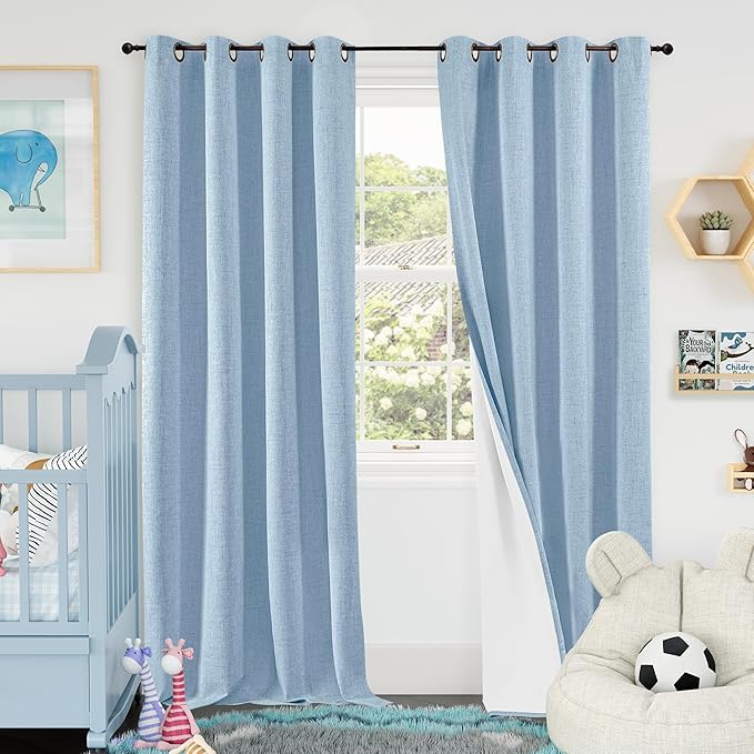 Baby Blue Linen Blackout Curtains for Nursery 95 Inch Length 2 Panels Set, Thermal Insulated Boho Total Black Out Noise Reducing Bonzer Grommets Window Curtains for Kids Bedroom, Each 52 Inch Wide