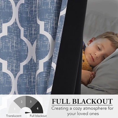 Beauoop 100% Blackout Curtains 84 Inches Long 2 Panels for Bedroom Living Room Blue Moroccan Geo Room Darkening Thermal Insulated Soundproof Rod Pocket Back Tab Window Treatments Drapes, 50x84