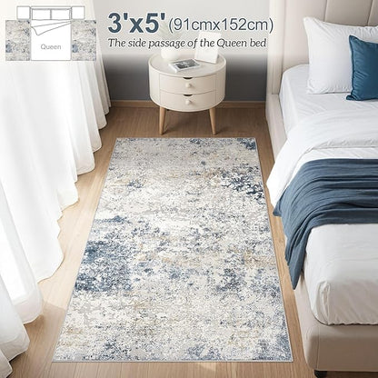 Washable Area Rug: 3x5 ft Abstract Small Rugs for Entryway Kitchen Living Room Bedroom - Non Slip Modern Neutral Carpet Indoor Front Door - Beige Blue
