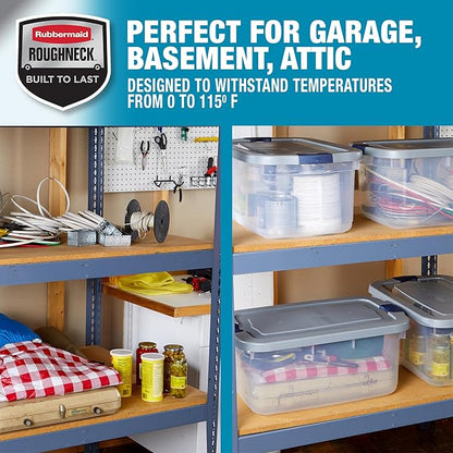 Rubbermaid Roughneck Clear 50 Qt/12 Gal Storage Containers, Pack of 5 with Latching Grey Lids, Visible Base, Sturdy and Stackable, Great for Storage and Organization