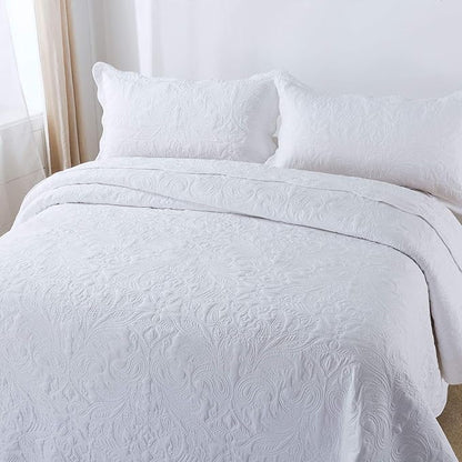 HoneiLife Quilt Set Queen Size - 3 Piece Embroidered Microfiber Bedspread Reversible Coverlet Lightweight Bedcover Paisley Pattern Bedding Set All Season Quilts-White