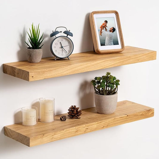 fuqing Floating Shelves for Wall, 24 inch Rustic Solid Elm Wood Floating Shelves, Wooden Wall Shelves with Invisible Heavy Duty Brackets for Living Room, Bedroom, Kitchen, Bathroom, 2 Pack, Natural