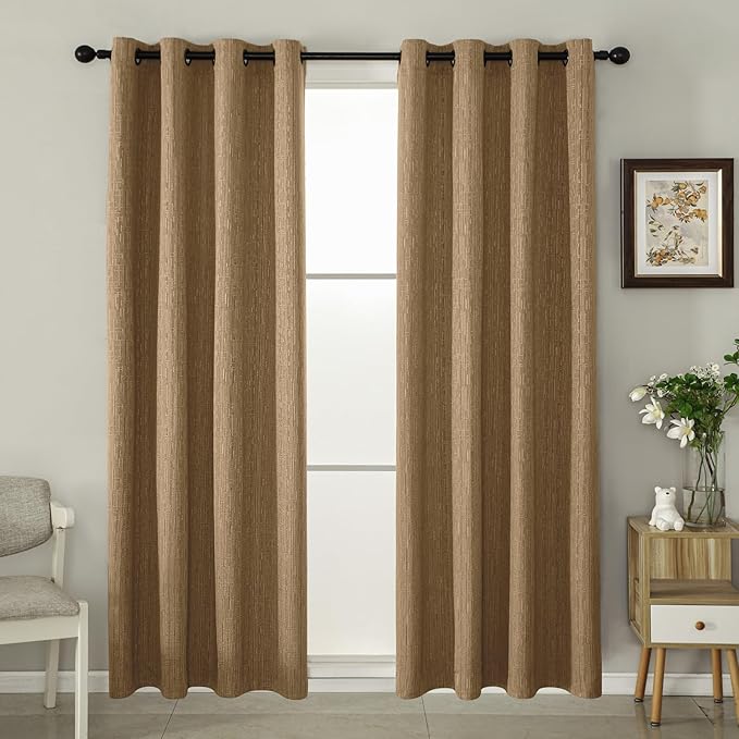 Jacquard Linen Curtains 84 inch Length 2 Panels Thick Faux Linen Blended Window Drapes Burlap Textured Curtains with Grommet for Living Room Bedroom Farmhouse (52x84 Light Coffee) Natural