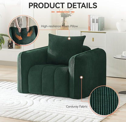 Oversized Boneless Corduroy Accent Chair, Comfy Deep Seat Armchair for Bedroom, Modern Upholstered Living Room Sofa Chair with Pillow, No Assembly, Green