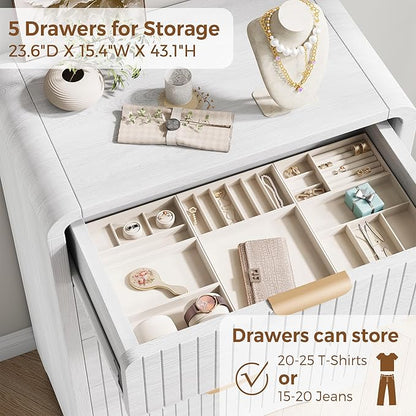 Fluted 5 Drawer Dresser for Bedroom, 43" Tall Dressers & Chests of Drawers Curved Profile Design, Wood Mid Century Vertical Dresser Natural Texture for Bedroom, White Dresser