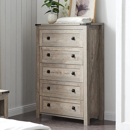 T4TREAM Farmhouse 5 Drawers Dresser Chests for Bedroom, Wood Rustic Tall Chset of Drawers,Dressers Organizer for Bedroom, Living Room,Hallway, Light Rustic Oak
