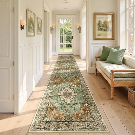 Area Rugs 2'6''x12' Washable Non-Slip, Floral Vintage Distress Print Pattern Medallion Carpet for Living Room Bedroom Dining Room, Brick Red Rust Neutral Brown Burnt Orange Green