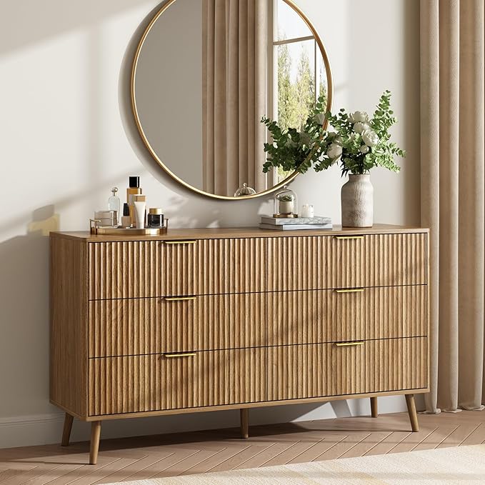 CARPETNAL Fluted 6 Drawer Dresser for Bedroom, 55" Wide Wooden Chest of Drawers with Rounded Corners, Gold Handles, Modern Storage Organizer for Bedroom, Hallway(Walnut)