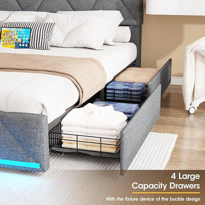 Vabches Full Size Bed Frame with Storage Headboard and 4 Drawers,Upholstered Platform with Charging Station and Led Lights,Adjustable Headboard,No Box Spring Needed,Dark Grey