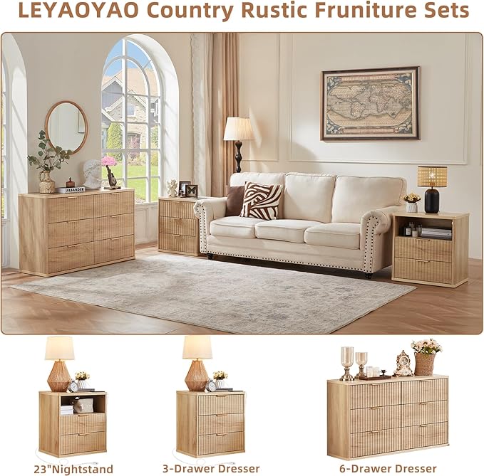 LEYAOYAO Fluted 5 Drawers Dresser Set of 2, 41" Tall Modern Chest of Drawers with Metal Handle, Curved Profile Dresser TV Stand, Wooden Drawer Organizer for Bedroom, Living Room, Hallway, Lightgrey