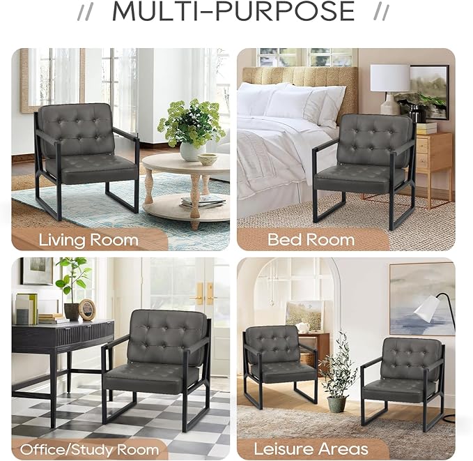 COLAMY Modern Accent Chair, Accent Arm Chair for Living Room, Comfy Leather Armchair with Metal Legs for Bedroom Reception Waiting Room, Grey