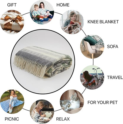 | Wool Blanket/Throw | 100% New Zealand Wool | Perfect for Home and Outdoors | Virgin Wool Throw with Fringes 75"x87" (190 x 220 cm)