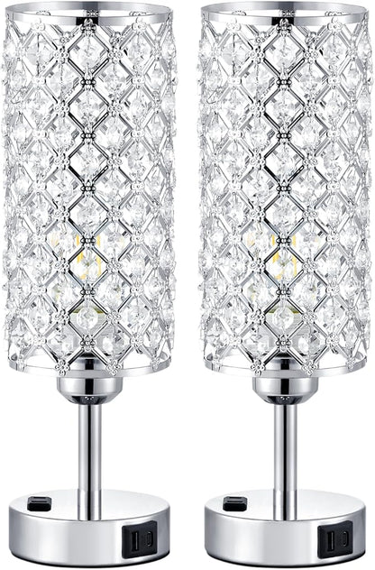 Hong-in Crystal Lamp Touch Control Set of 2, Sliver Crystal Table Lamps with USB C+A Ports & AC Outlet, 3-Way Dimmable Nightstand Touch Lamp, Modern Bedside Table Lamp for Bedroom(Bulbs Included)