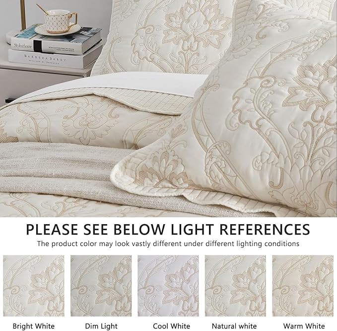 CHIXIN Bedspread Coverlet Set Queen Size - Lightweight Bedding Cover - Beautiful Stitching - 5 Piece Reversible Bedspread - Gorgeous Damask Paisley Pattern (Queen, Ivory-Yellow)