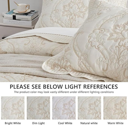 CHIXIN Oversized Bedspread Coverlet Set King Size - Lightweight Bedding Cover - Beautiful Stitching - 5 Piece Reversible Bedspread - Gorgeous Damask Paisley Pattern (King, Ivory-Yellow)
