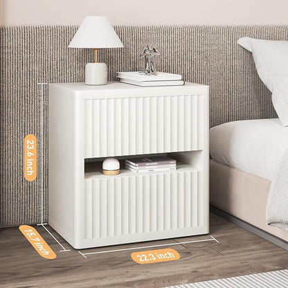 Dripex Fluted Nightstand with 2 Drawers, Large Wide Wood Night Stand Bedside Tables for Bedroom, Mid-Century Modern Storage Bed Side Table, End Tables for Living Room Sofa Couch, White, Set of 1