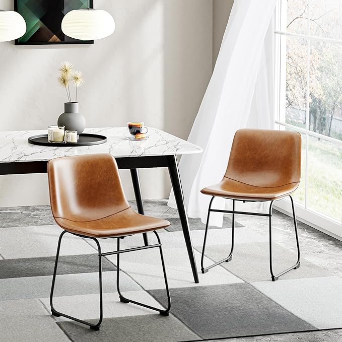 Dining Chairs Set of 6, 18 Inch Modern Armless Dining Chair with Back, Faux Leather Kitchen Dining Room Chair with Metal Legs for Home, Bistro Coffee Shops (Brown)