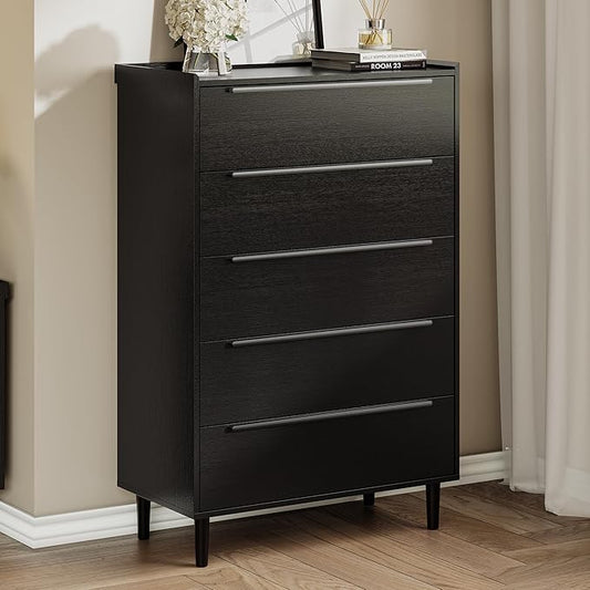 48" Tall Black Dresser for Bedroom, Modern 5 Drawer Chest of Drawers with Wood Grain Finish, Slim Vertical Storage Cabinet with Raised Edge Top, Anti-Tip Kit