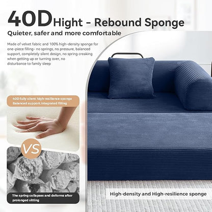 Convertible Sofa Bed with Corduroy Pillow,Comfy Floor Sofa Bed Compressed Sofa in Box, Convertible Sofa Bed for Living Room Bedroom Lounge Studio, Comfy High Density Foam Mattress(Navy Blue)