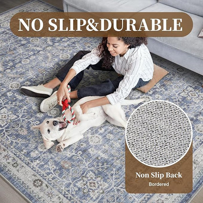 MontVoo-Vintage Area Rug 5X7 Blue Rugs for Living Room-Soft Distressed Printed Rugs for Bedroom-Non Slip Carpet-Machine Washable Rug for Dining Room Living Room Bedside Office