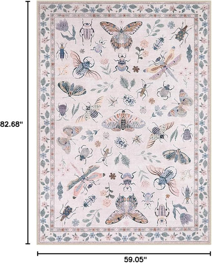 Lahome Insect Machine Washable Rugs 5x7, Non Slip Soft Pink Rugs for Bedroom Girls Living Room, Ultra-Thin Stain Resistant Accent Carpet for Dining Room Office Nursery(5'x7',Pink)