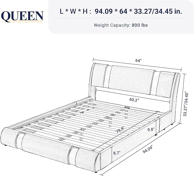 Allewie Queen Bed Frame with Iron Piece Decor, Faux Leather Upholstered Platform Bed with Adjustable Headboard & Strong Wooden Slats, No Box Spring Needed, Black