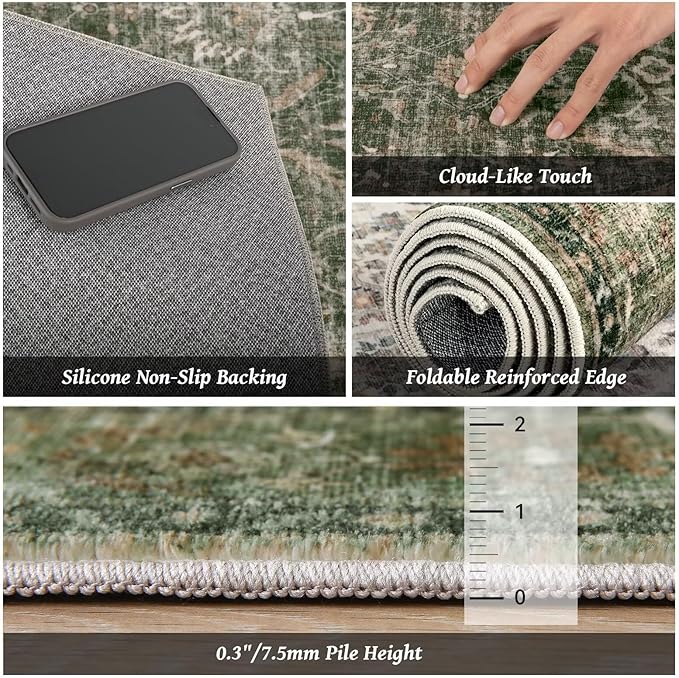 Washable 6x9 Area Rugs for Living Room, Boho Non-Slip Vintage Distress Large Rugs for Bedroom Dining Room Nursery Office, 0.3" Neutral Oriental Throw Thin Carpet, Grass Green/Multi