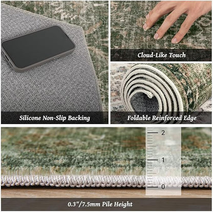 Washable 6x9 Area Rugs for Living Room, Boho Non-Slip Vintage Distress Large Rugs for Bedroom Dining Room Nursery Office, 0.3" Neutral Oriental Throw Thin Carpet, Grass Green/Multi