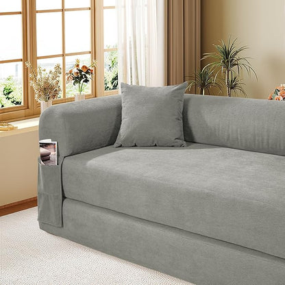 Convertible Futon Sofa Bed,80" Folding Pull Out Couch Bed with Storage,Queen Sleeper Sofa Bed,Compressed Couch in a Box,Corduroy Boneless Couches for Living Room,Light Grey