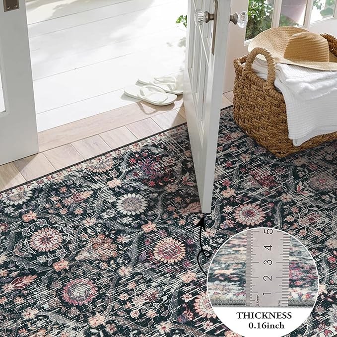 Lahome Moroccan Trellis Washable Round Rugs, Non-Slip Soft Round Rug 4ft Ultra-Thin, Small Vintage Circle Carpet for Entryway Kitchen Bedroom Nursery Bathroom, Black/Multi