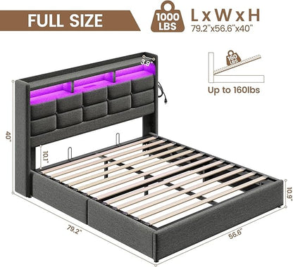 Lift Up Full Size Bed Frame with Storage, Upholstered Full Bed Frame with LED Lights Headboard and Charging Station, No Box Spring Needed, Easy Assembly - Dark Grey