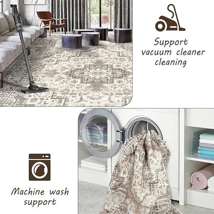 Area Rug Machine Washable Rug 10'x13' - Vintage Design Large Area Rugs with Non Slip Rugs for Living Room Bedroom,Stain Resistant, Home Decor Office Area Rug (Beige Brown 10'x13')