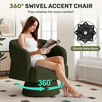 Swivel Accent Chair Set of 2, Modern Comfy Teddy Barrel Chairs, Oversized Upholstered Round Arm Chair for Living Room, Bedroom, Reading Room, Green