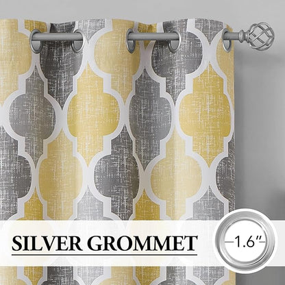 Beauoop 100% Blackout Curtains 63 Inches Long 2 Panels for Bedroom Living Room Yellow Grey Moroccan Geo Room Darkening Thermal Insulated Soundproof Grommet Top Window Treatments Drapes, 50x63 Set of 2