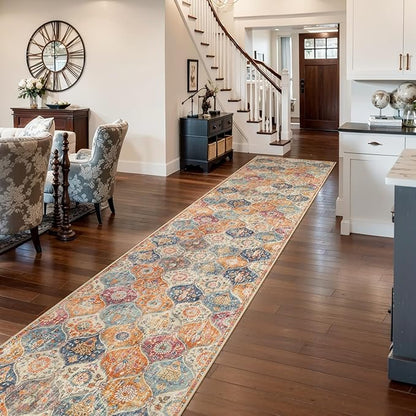 Lahome Moroccan Washable Runner Rug 2x10, Kitchen Runners for Hallways Rubber Backing Ultra-Thin Vintage Hallway Rug Non-Slip Stair Carpet for Entryway Bedroom Laundry Room, Cream/Multi