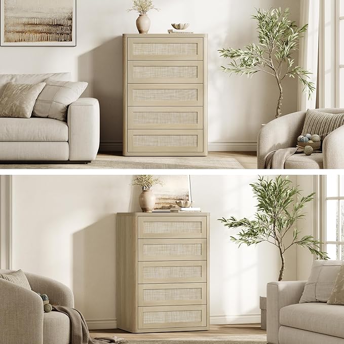 SICOTAS Tall Dresser for Bedroom - Rattan 5 Drawer Dressers Chest of Drawers with Push-to-Open Design, Boho Extra Deep Clothes Dresser with Large Storage for Closet, Living Room, Sand Oak, 3PCS