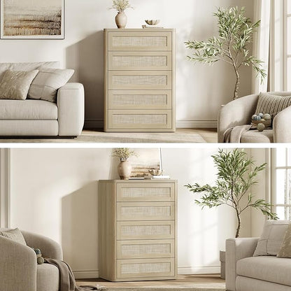 SICOTAS Tall Dresser for Bedroom - Rattan 5 Drawer Dressers Chest of Drawers with Push-to-Open Design, Boho Extra Deep Clothes Dresser with Large Storage for Closet, Living Room, Sand Oak, 3PCS