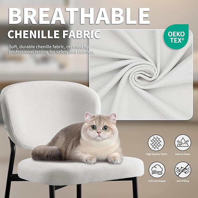 Upholstered Dining Chairs Set of 4 Modern Chenille Kitchen & Dining Room Chairs Wide Seat Filled with 58D Memory Foam Cushion Ergonomic Curved Backrest Vanity Chairs for Restaurant White